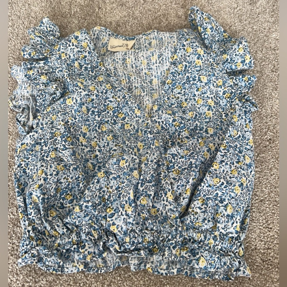 Blue floral v neck blouse